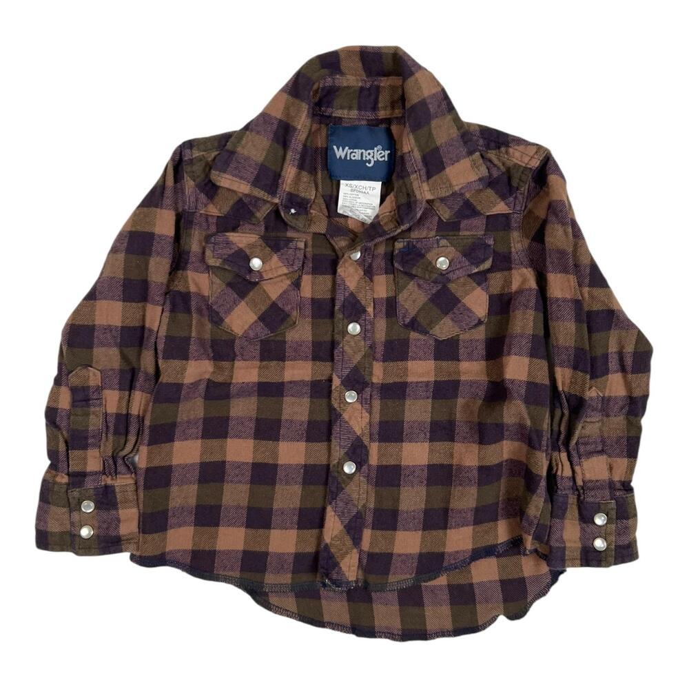 Wrangler Shirt Boys XS Brown Plaid Western Flannel Pearl Snap Long Sleeve